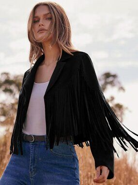 Women’s Medium Black Fringe Western Cropped Jacket Cowgirl.NWT    (G)